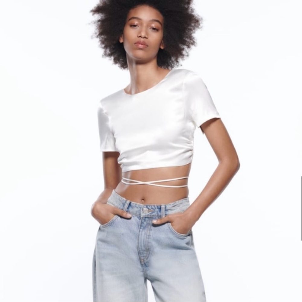 Zara White Crop Cut Out Satin Shirt XS